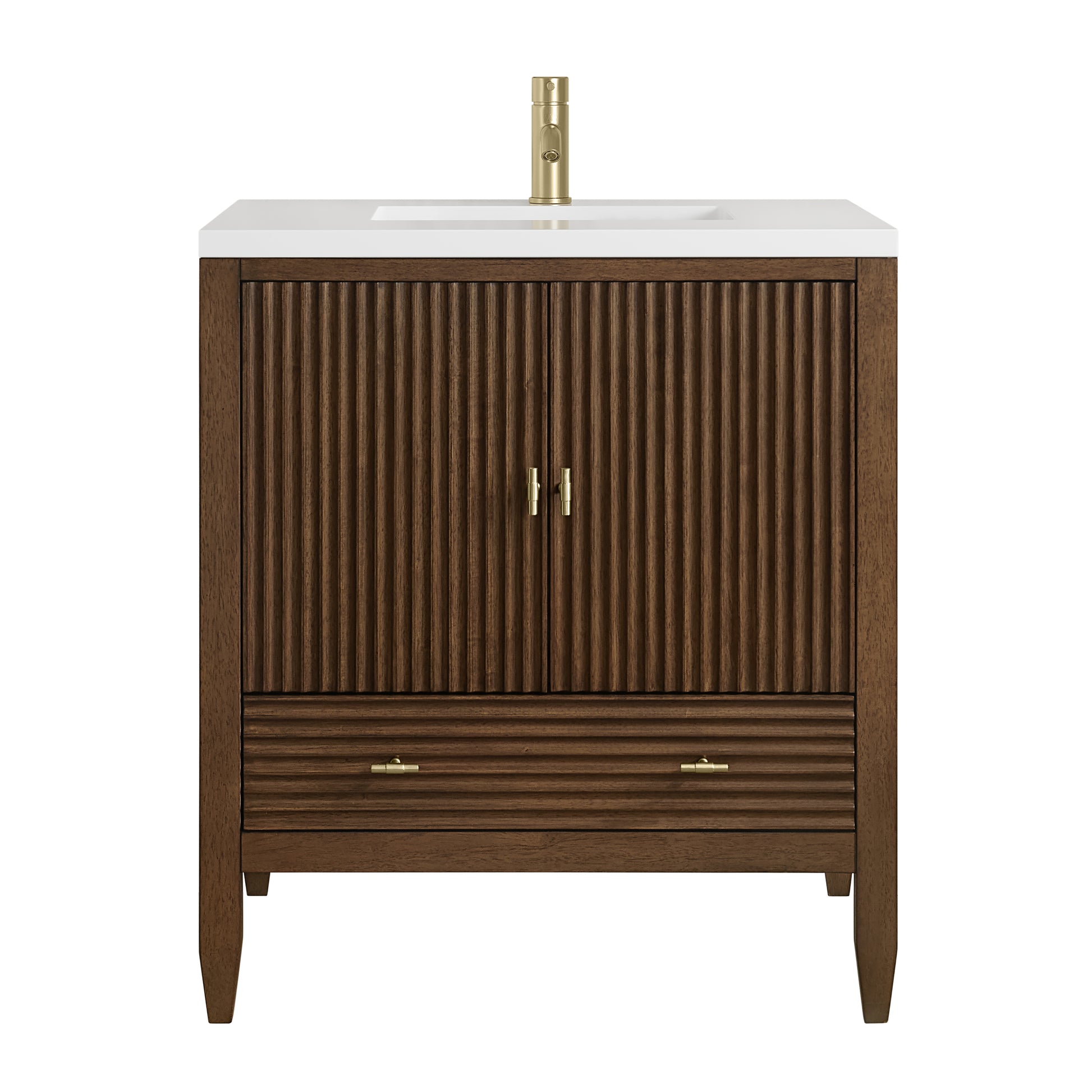 Renovate for Less Atlanta Myrrin 30" Single Vanity, Mid-Century Walnut w/ Single Hole 3 CM White Zeus Silestone Top and Matching Backsplash