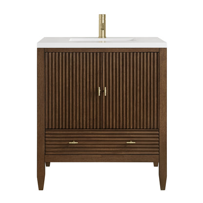 Renovate for Less Atlanta Myrrin 30" Single Vanity, Mid-Century Walnut w/ Single Hole 3 CM White Zeus Silestone Top and Matching Backsplash