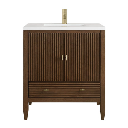 Myrrin 30" Single Vanity, Mid-Century Walnut w/ Single Hole 3 CM White Zeus Silestone Top and Matching Backsplash