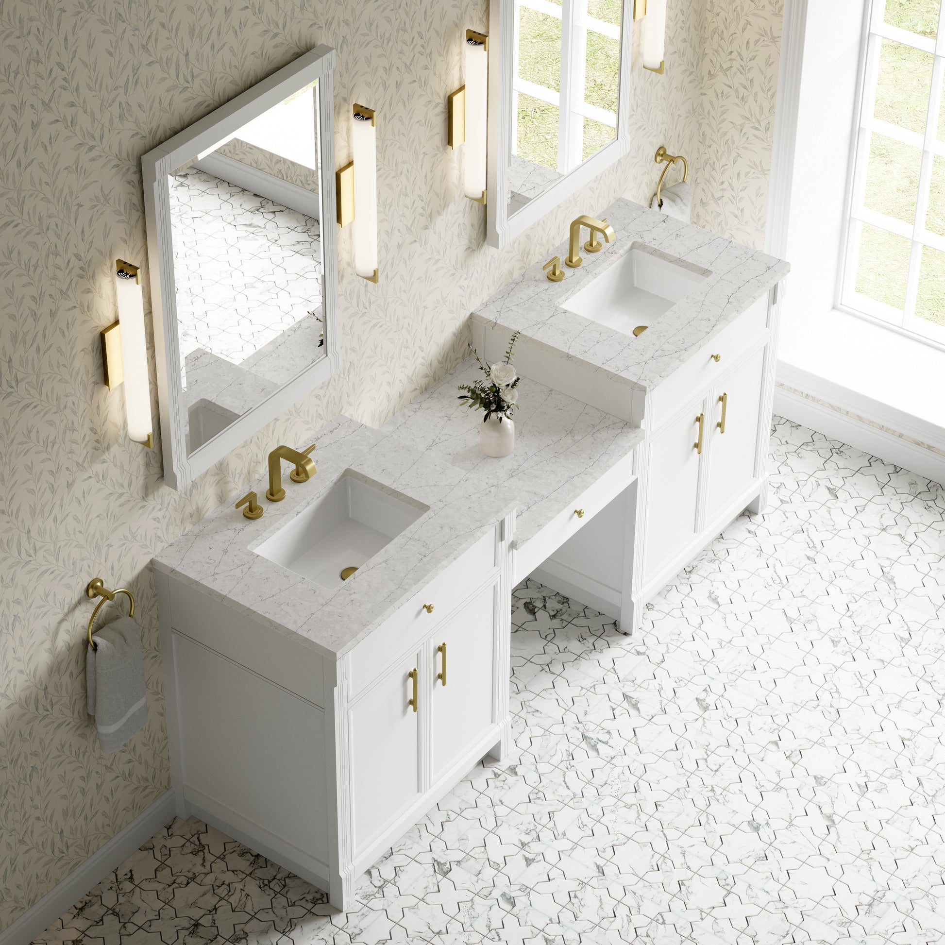 Renovate for Less Atlanta Bellshire 84" Dual Vanity Set with 24" Make-Up Counter, Bright White w/3 cm Eternal Jasmine Pearl Silestone Top