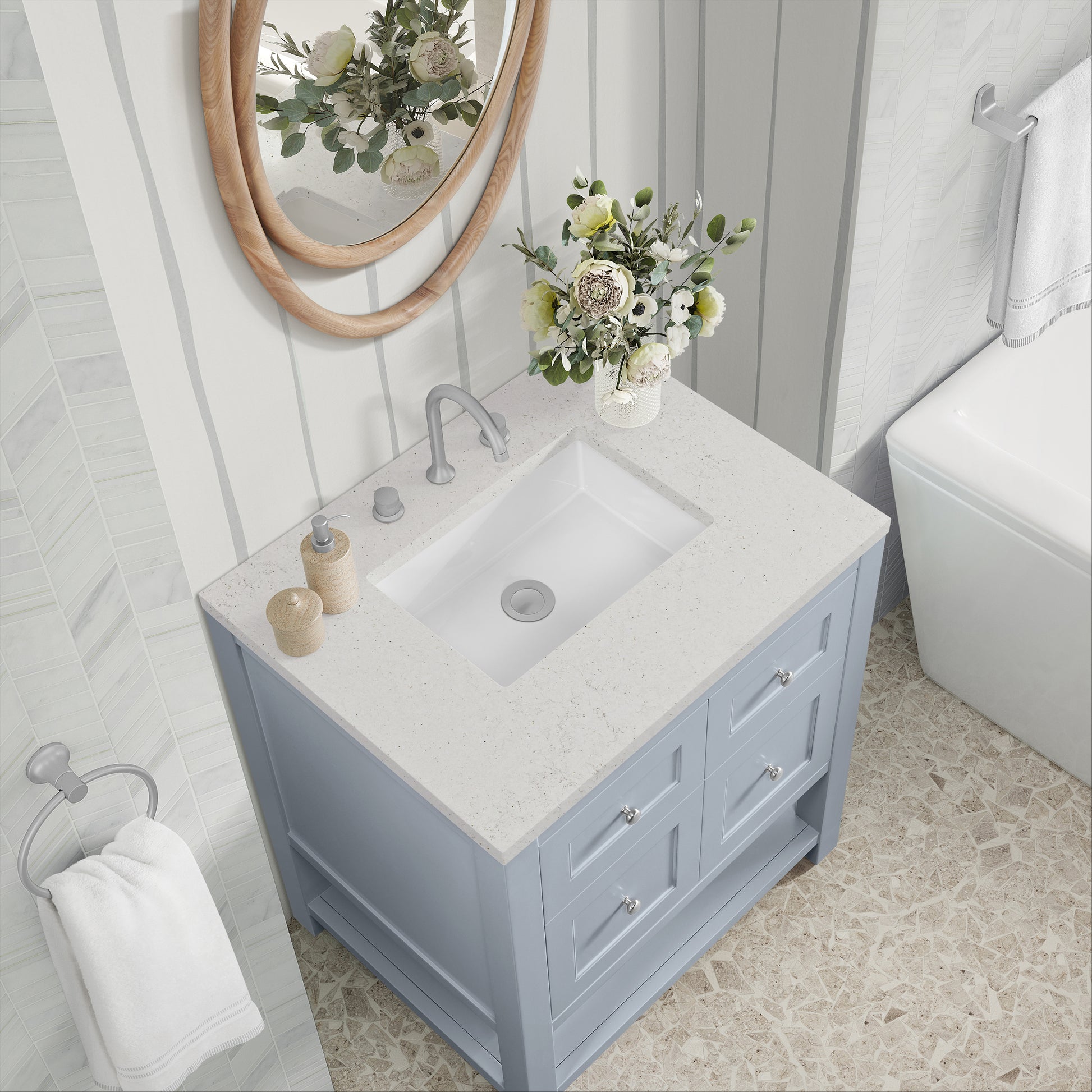 Renovate for Less Atlanta Breckenridge 30" Single Vanity, Serenity Blue, w/ 3 CM Lime Delight Quartz Top