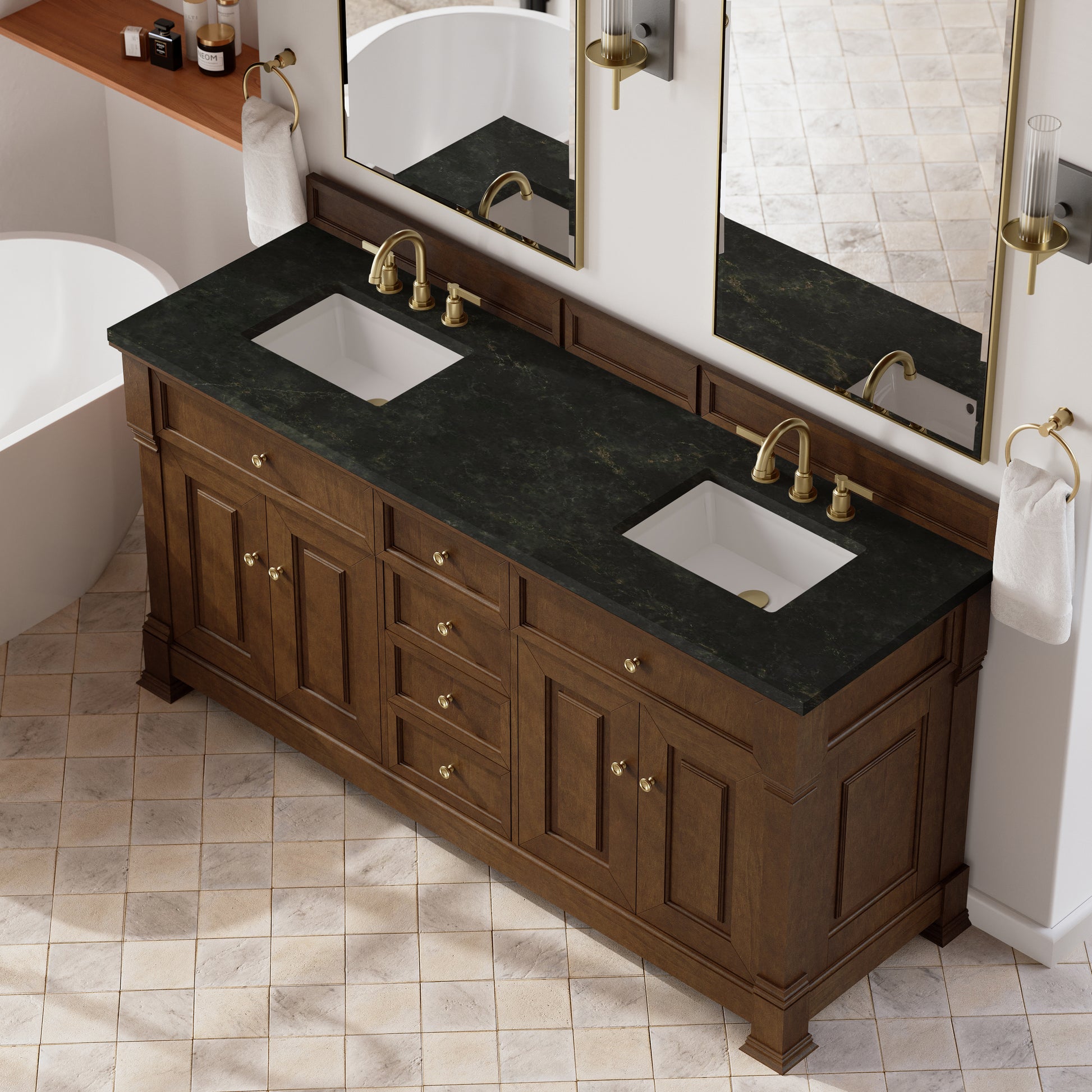 Renovate for Less Atlanta Brookfield 72" Double Vanity, Honey Oak, w/ 3 CM Phantome Eclos Top