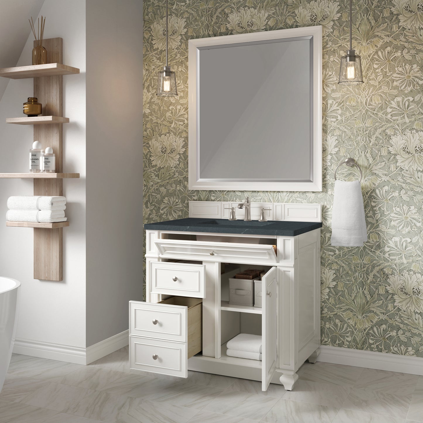 Renovate for Less Atlanta Bristol 36" Single Vanity, Bright White w/ 3 CM Charcoal Soapstone Silestone Top
