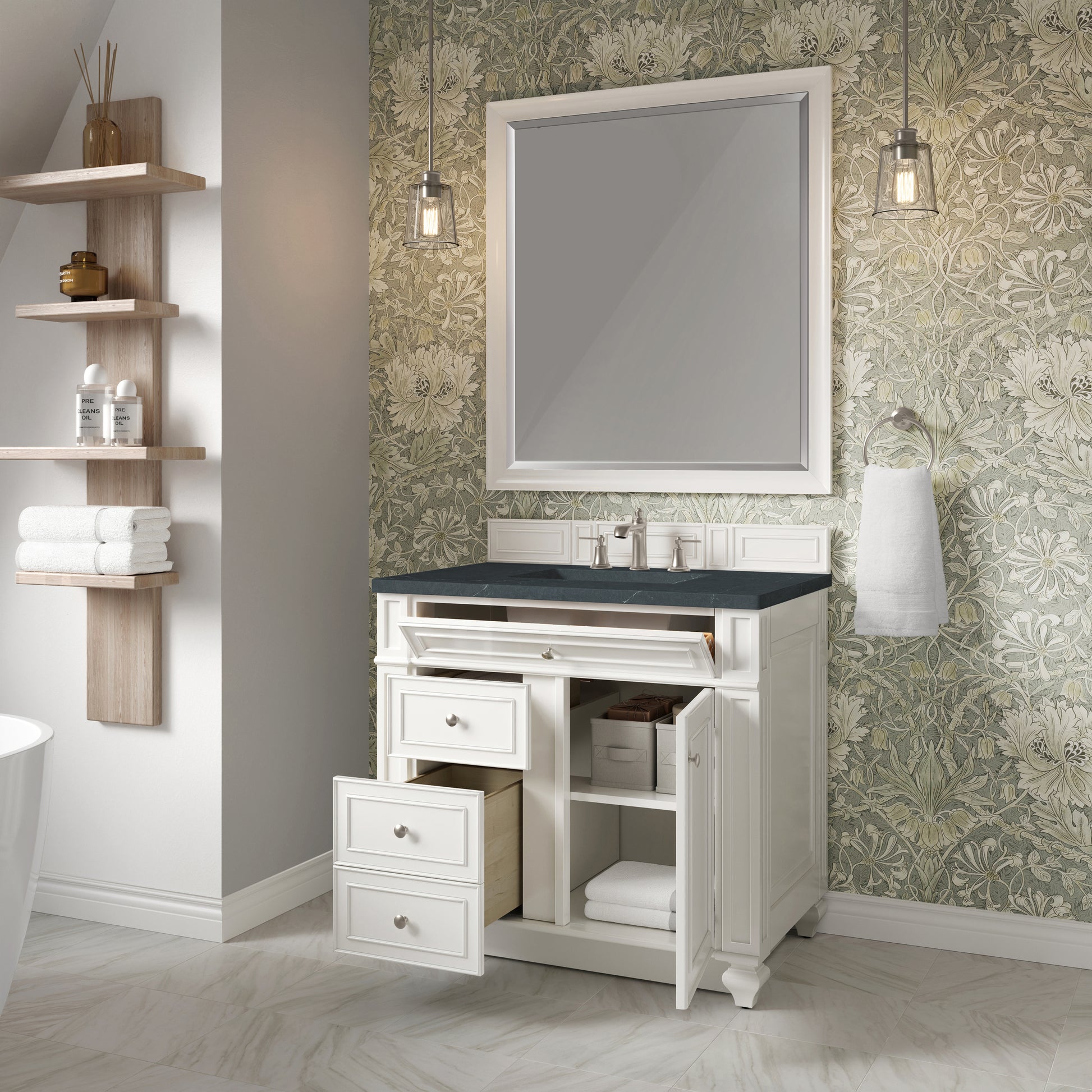 Renovate for Less Atlanta Bristol 36" Single Vanity, Bright White w/ 3 CM Charcoal Soapstone Silestone Top