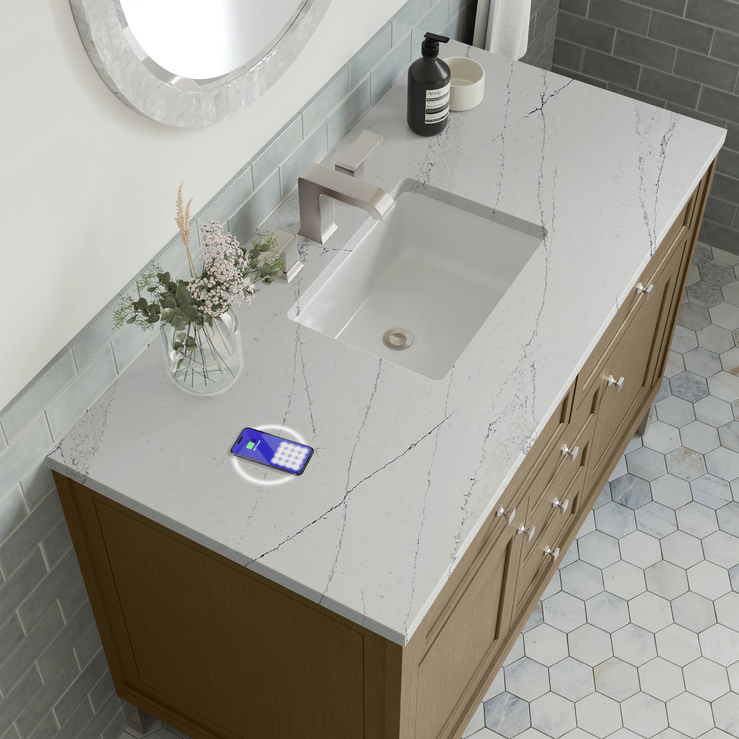 Renovate for Less Atlanta Chicago 48" Single Vanity, Walnut Whisper, w/ 3 CM Ethereal Noctis Silestone® Top w/FreePower Wireless Charger