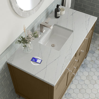 Renovate for Less Atlanta Chicago 48" Single Vanity, Walnut Whisper, w/ 3 CM Ethereal Noctis Silestone® Top w/FreePower Wireless Charger