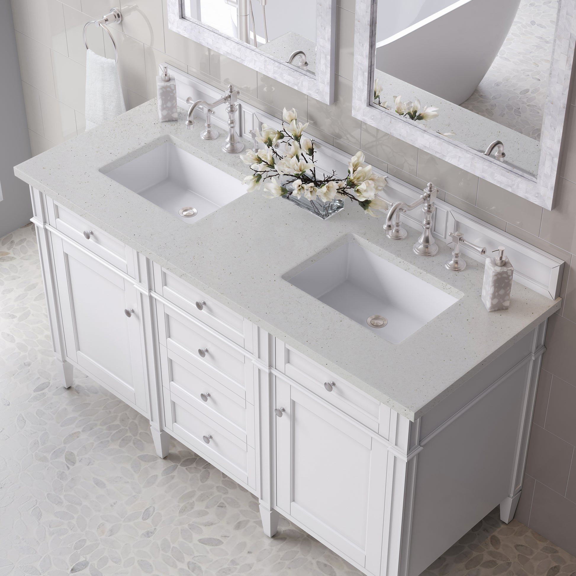 Renovate for Less Atlanta Brittany 60" Double Vanity, Bright White Vanity w/ 3 CM Lime Delight Silestone Top