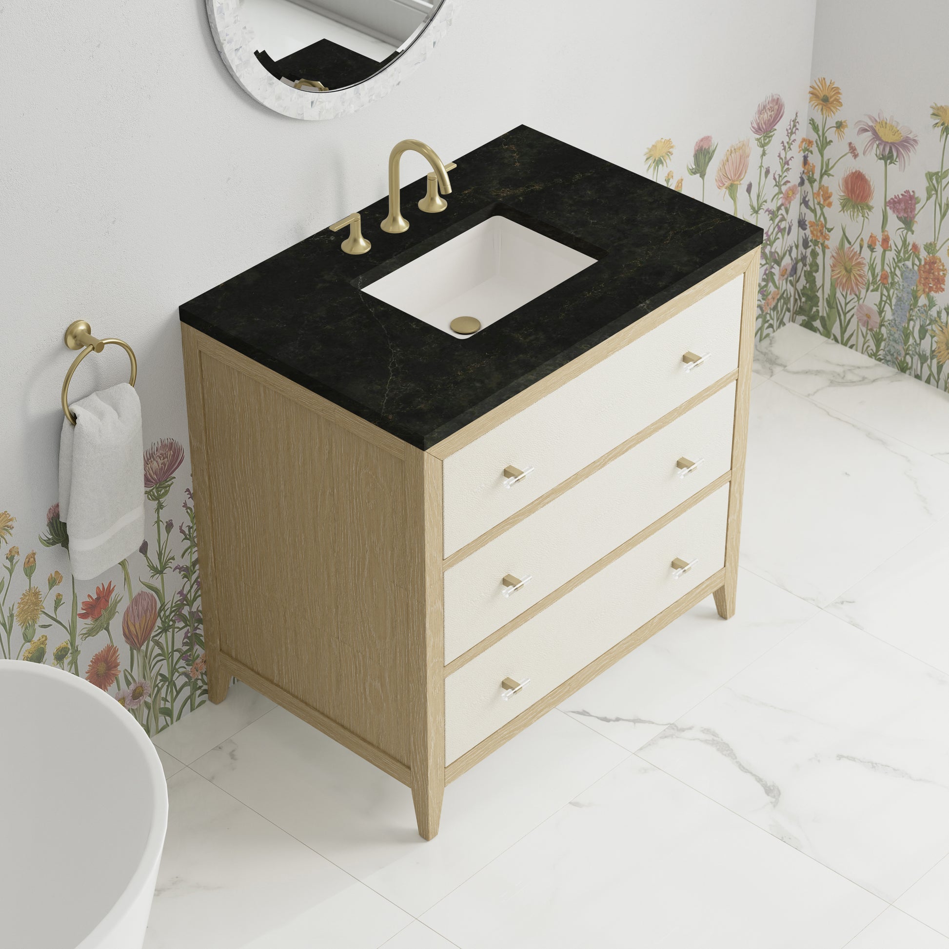 Renovate for Less Atlanta Celeste 36" Single Vanity, Sunwashed Oak with Embossed Shagreen, w/ 3 CM Phantome Eclos Top