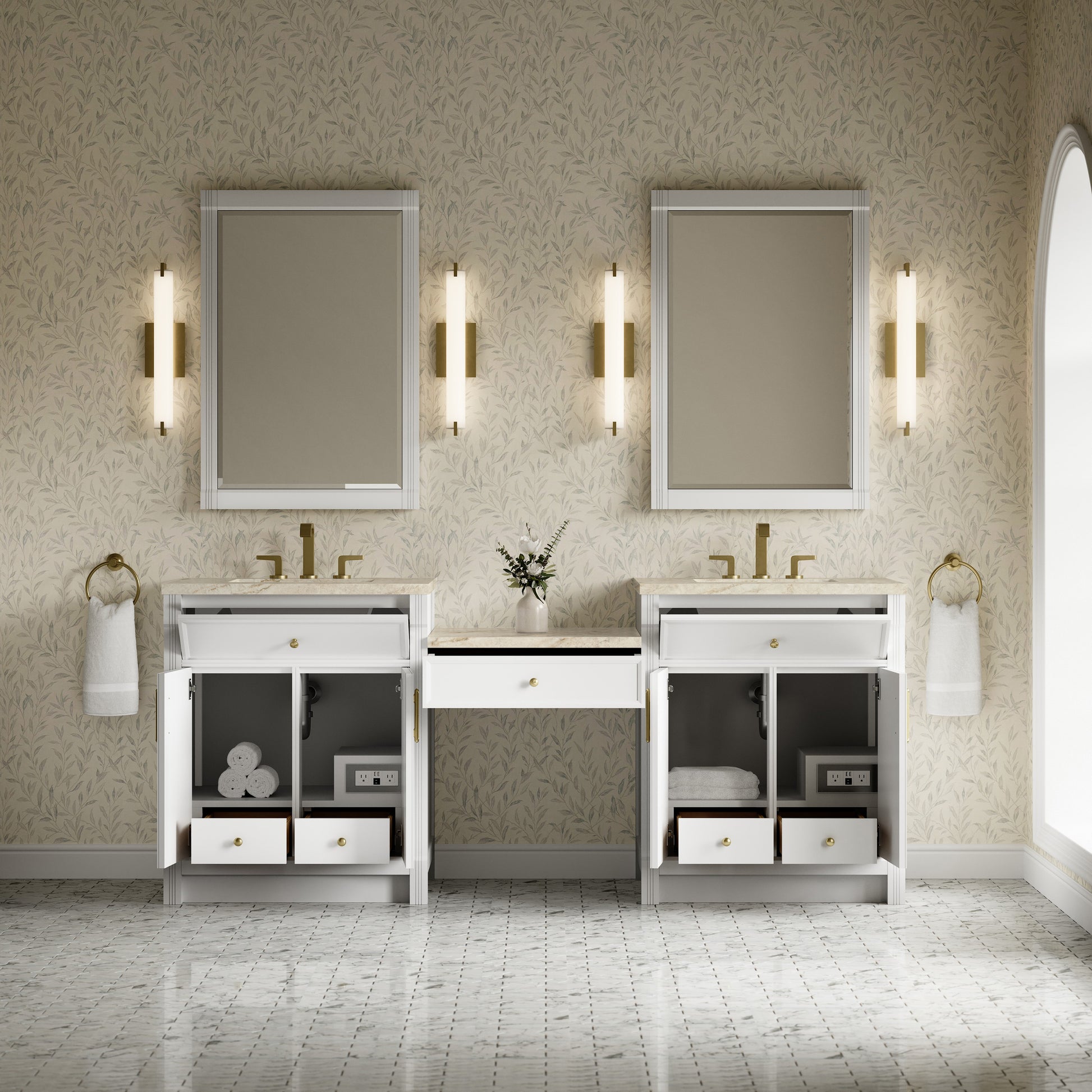 Renovate for Less Atlanta Bellshire 84" Dual Vanity Set with 24" Make-Up Counter, Bright White w/3 cm Tajnar Eclos Top
