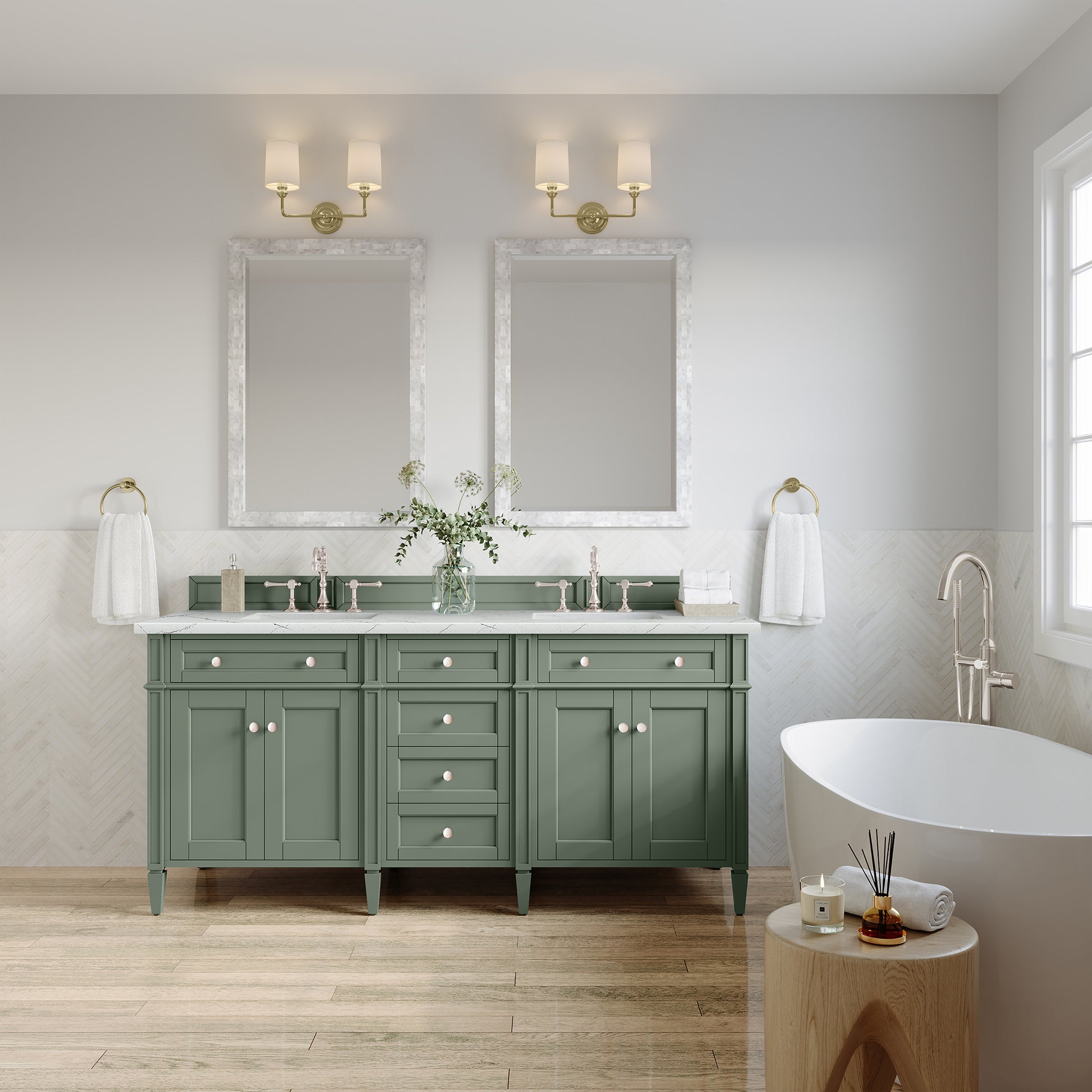 Renovate for Less Atlanta Brittany 72" Double Vanity, Smokey Celadon w/ 3 CM Ethereal Noctis Top w/FreePower Wireless Charger