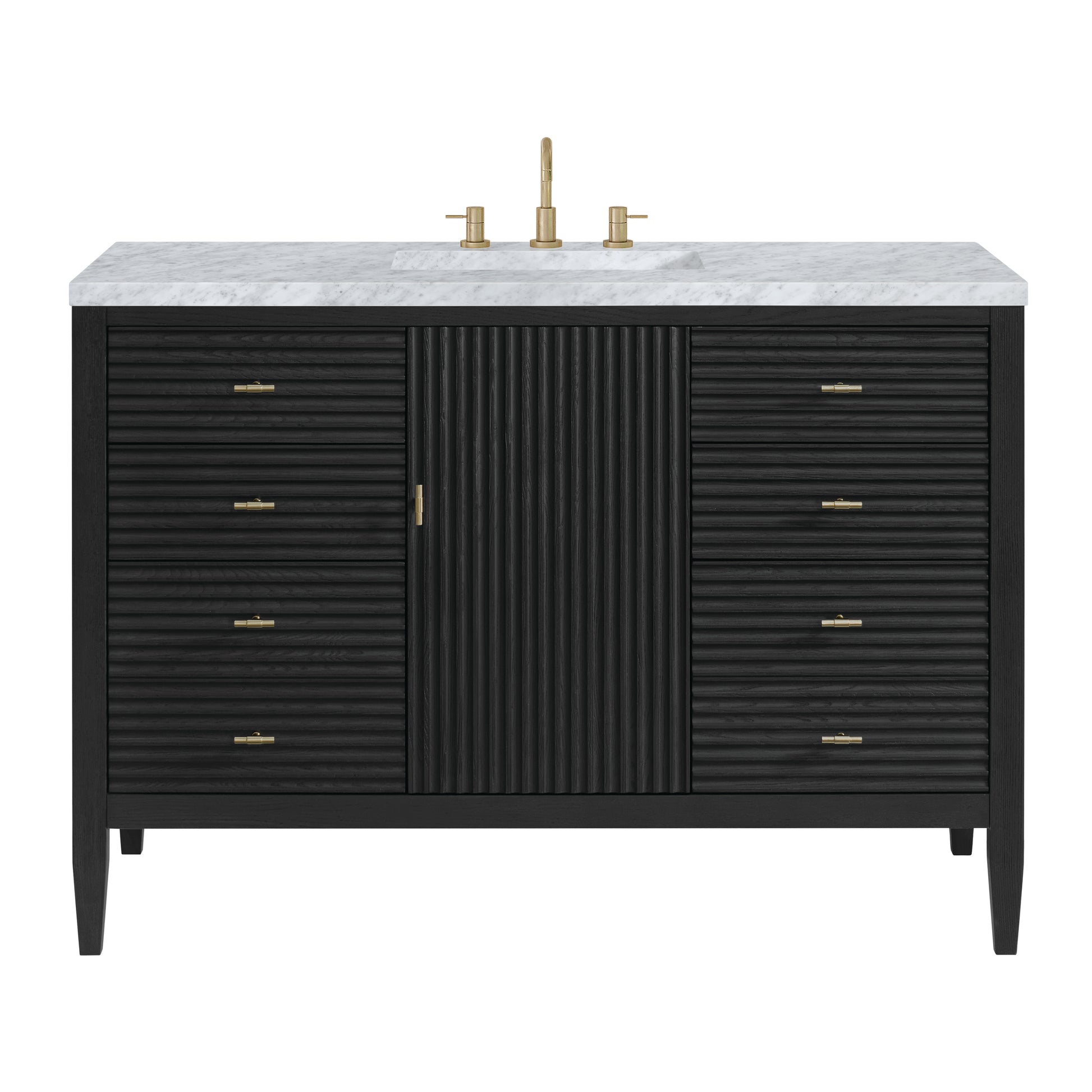 Renovate for Less Atlanta Myrrin 48" Single Vanity, Carbon Oak w/ 3 CM Carrara White Marble Top