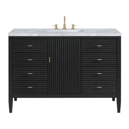 Renovate for Less Atlanta Myrrin 48" Single Vanity, Carbon Oak w/ 3 CM Carrara White Marble Top