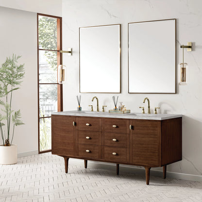 Amberly 72" Double Vanity, Mid-Century Walnut w/ 3 CM Victorian Silver Top