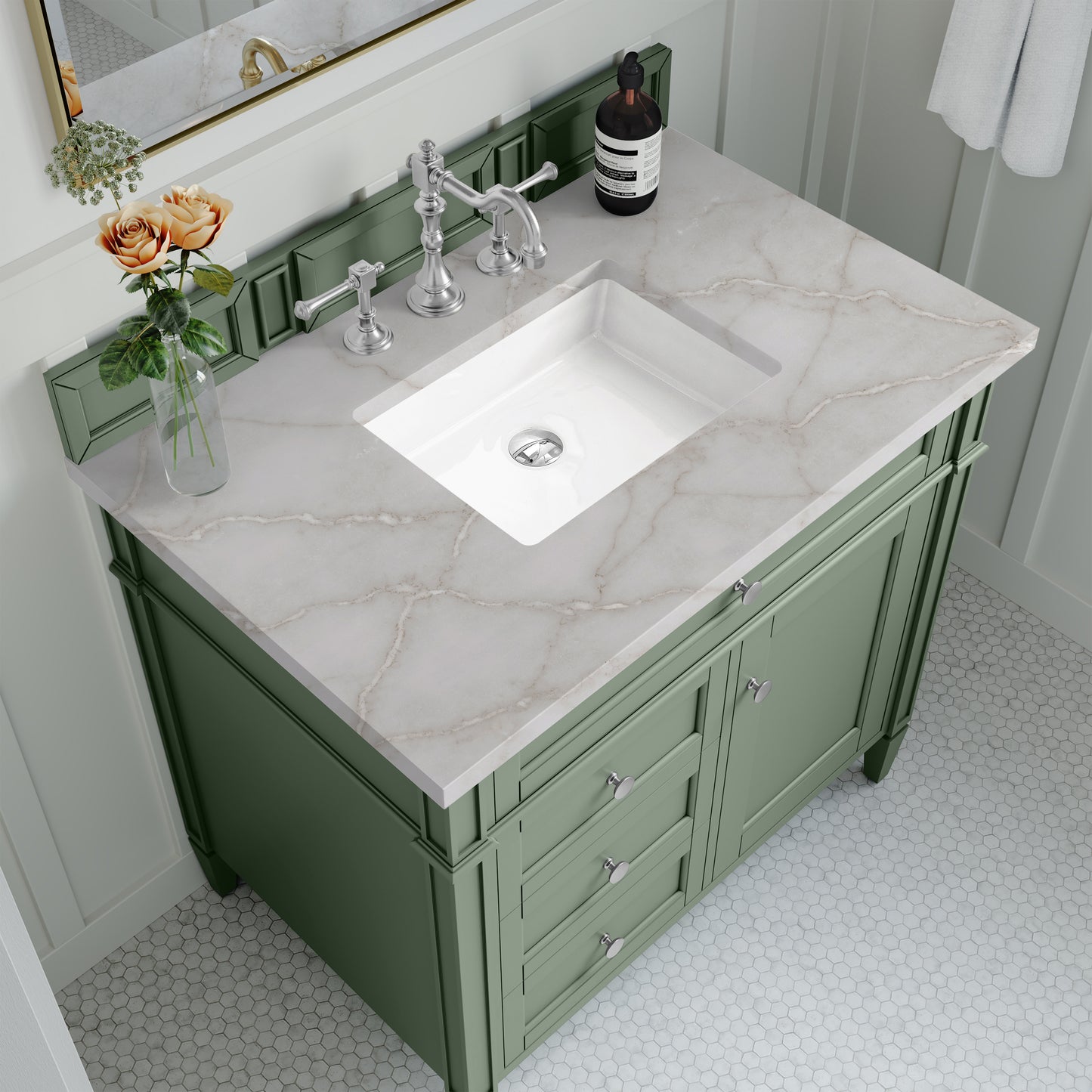Renovate for Less Atlanta Brittany 36" Single Vanity, Smokey Celadon w/ 3 CM Victorian Silver Top