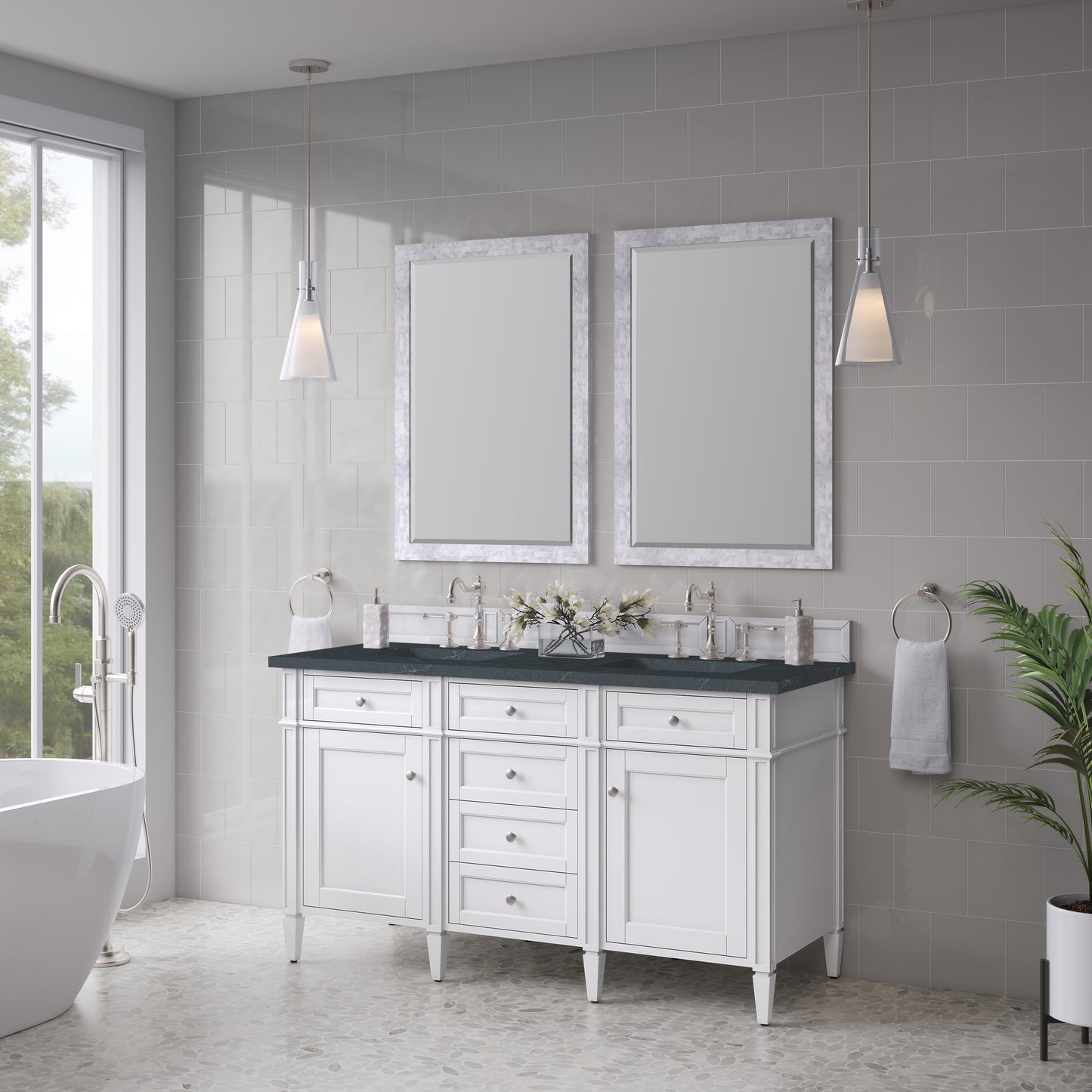 Renovate for Less Atlanta Brittany 60" Double Vanity, Bright White Vanity w/ 3 CM Charcoal Soapstone Silestone Top