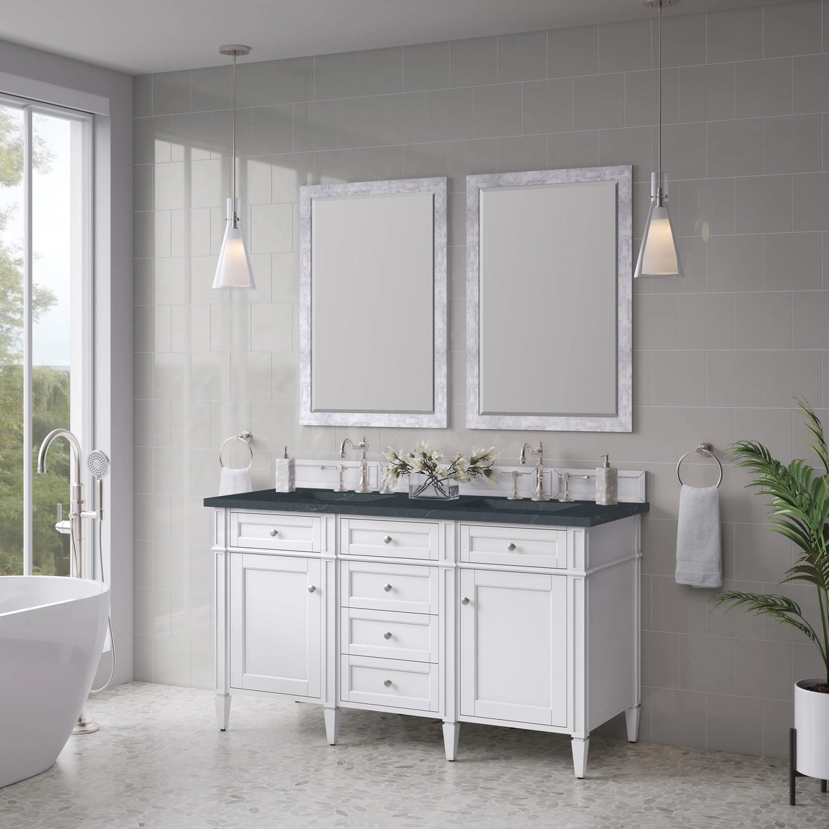 Brittany 60" Double Vanity, Bright White Vanity w/ 3 CM Charcoal Soapstone Silestone Top