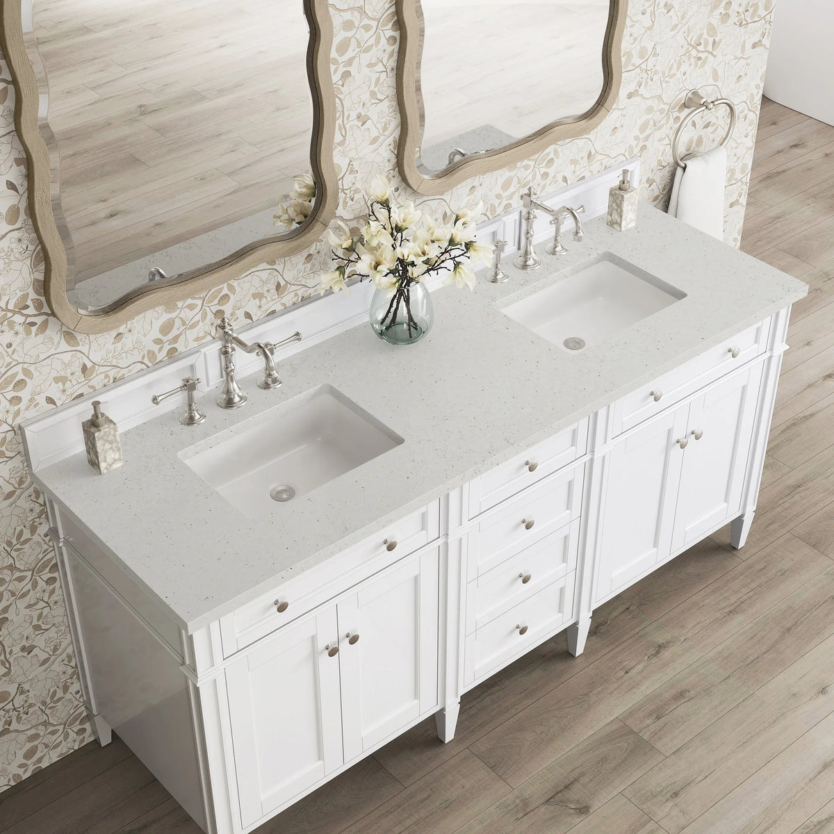 Brittany 72" Double Vanity, Bright White Vanity w/ 3 CM Lime Delight Silestone Top
