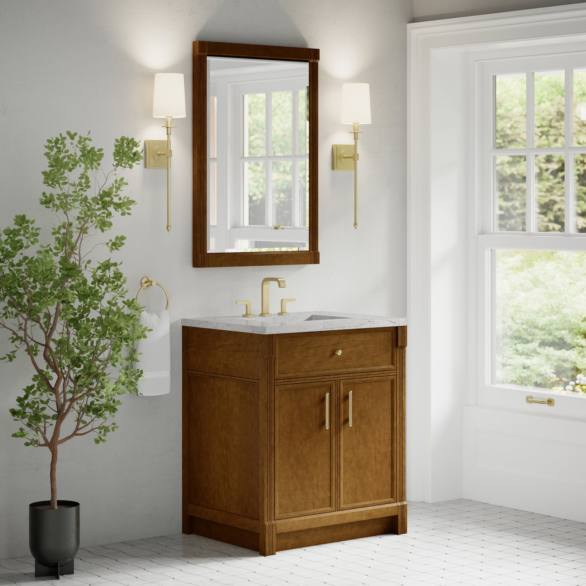 Renovate for Less Atlanta Bellshire 30" Single Vanity, Honey Oak w/ 3 CM Eternal Jasmine Pearl Silestone Top