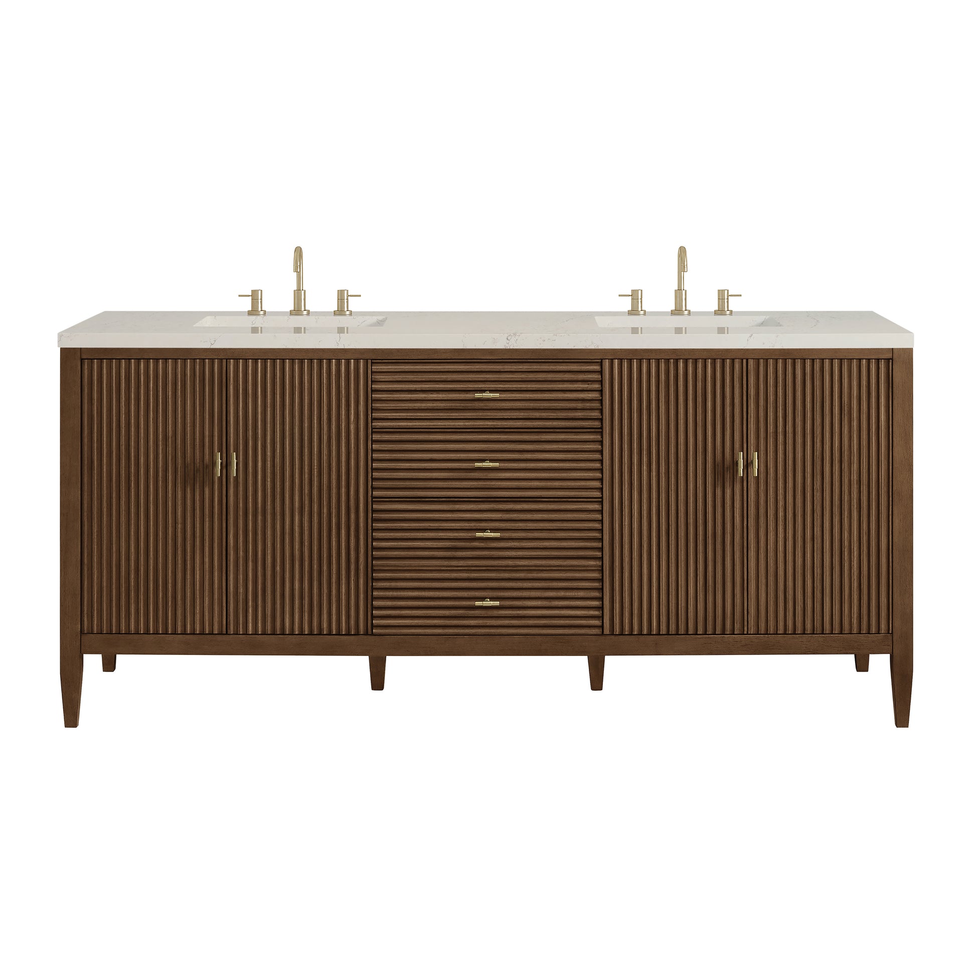 Renovate for Less Atlanta Myrrin 72" Vanity, Mid Century Walnut, w/ 3 CM Siberian Silestone Top w/FreePower Wireless Charger