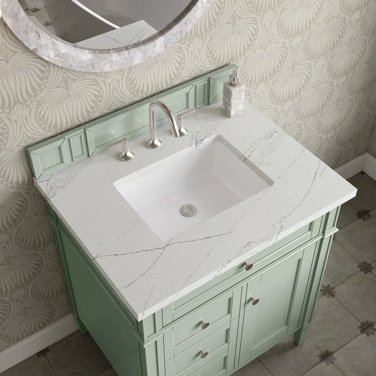 Brittany 30" Single Vanity, Sage Green, w/ 3 CM Ethereal Noctis Silestone Top