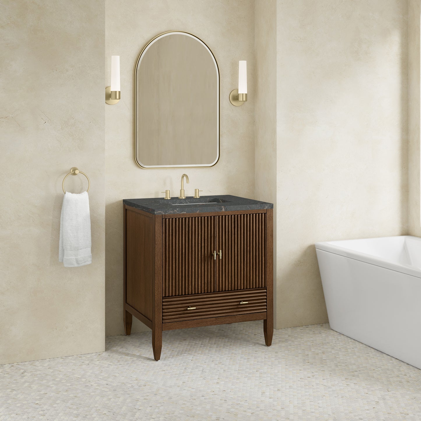 Renovate for Less Atlanta Myrrin 30" Single Vanity, Mid-Century Walnut w/ 3 CM Parisien Bleu Silestone Top