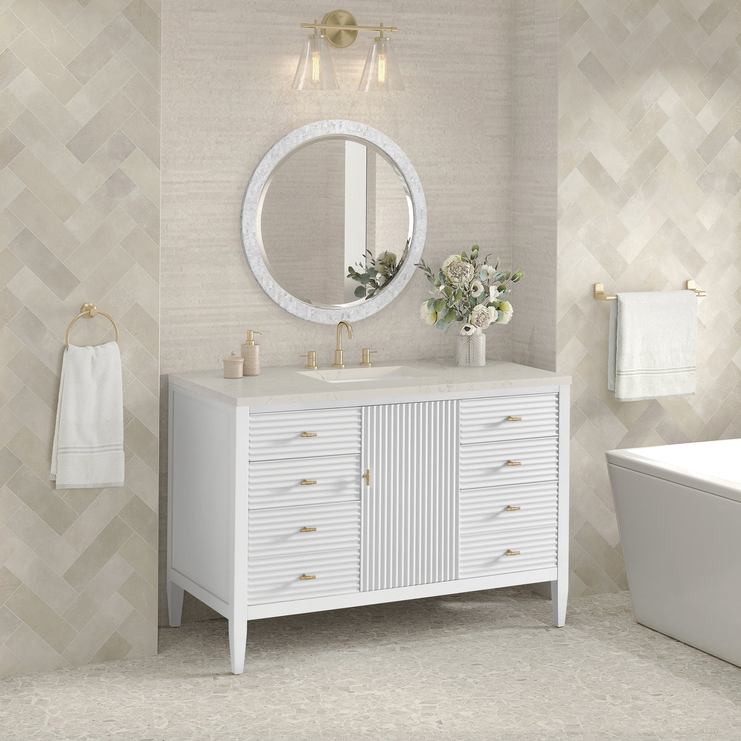 Renovate for Less Atlanta Myrrin 48" Single Vanity, Bright White, w/ 3 CM Siberian Silestone Top