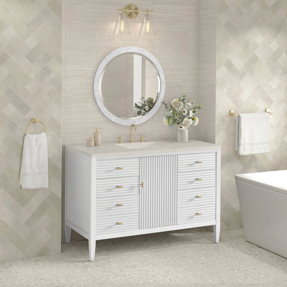 Myrrin 48" Single Vanity, Bright White, w/ 3 CM Siberian Silestone Top