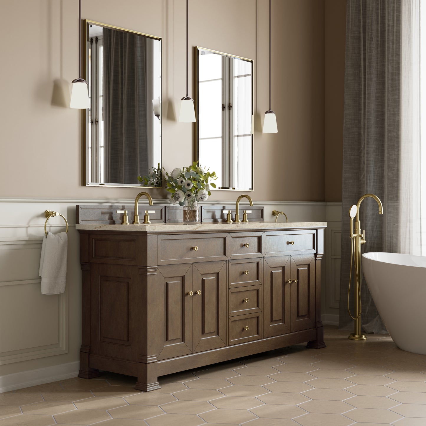 Renovate for Less Atlanta Brookfield 72" Double Vanity, Pecan, w/ 3 CM Tajnar Eclos Top w/FreePower Wireless Charger