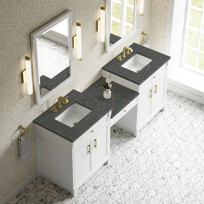 Bellshire 84" Dual Vanity Set with 24" Make-Up Counter, Bright White w/3 cm Parisien Bleu Silestone Top