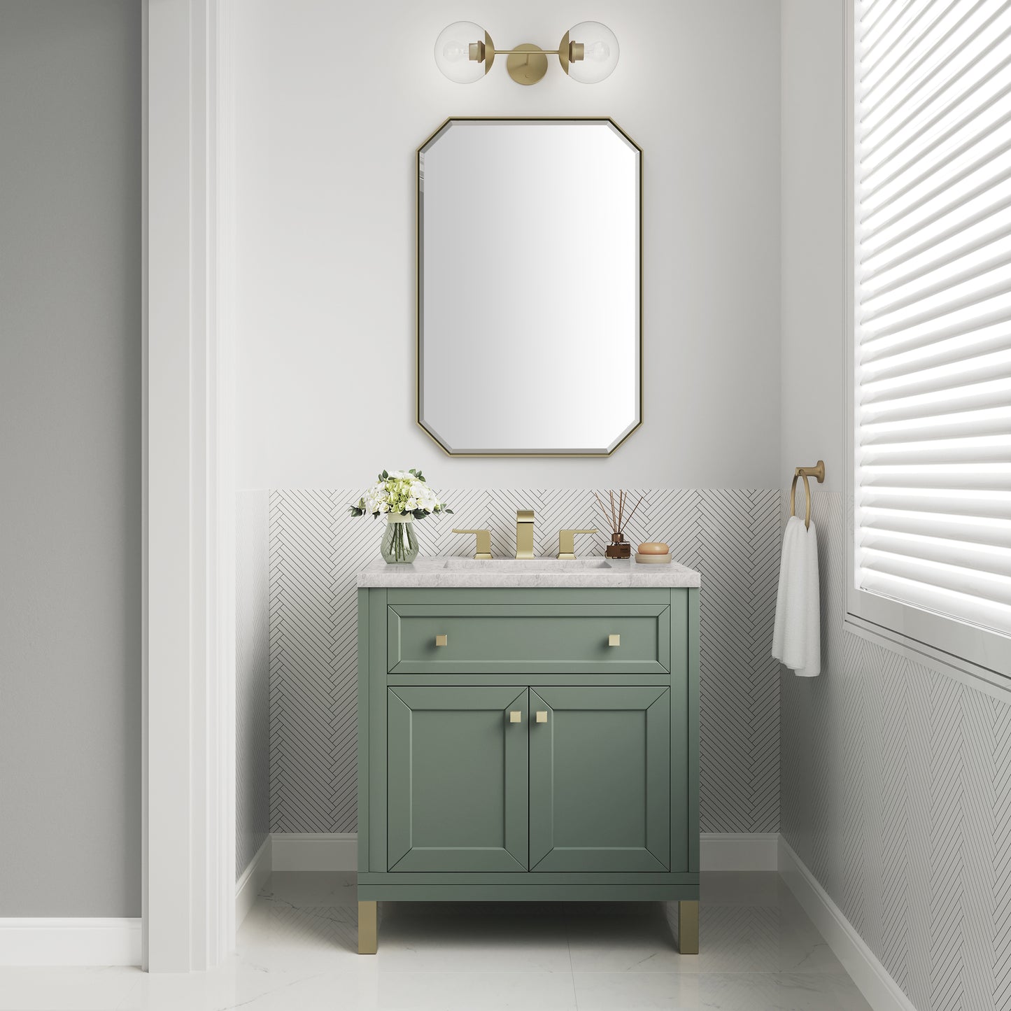 Renovate for Less Atlanta Chicago 30" Single Vanity, Smokey Celadon, w/ 3 CM Eternal Jasmine Pearl Silestone® Top