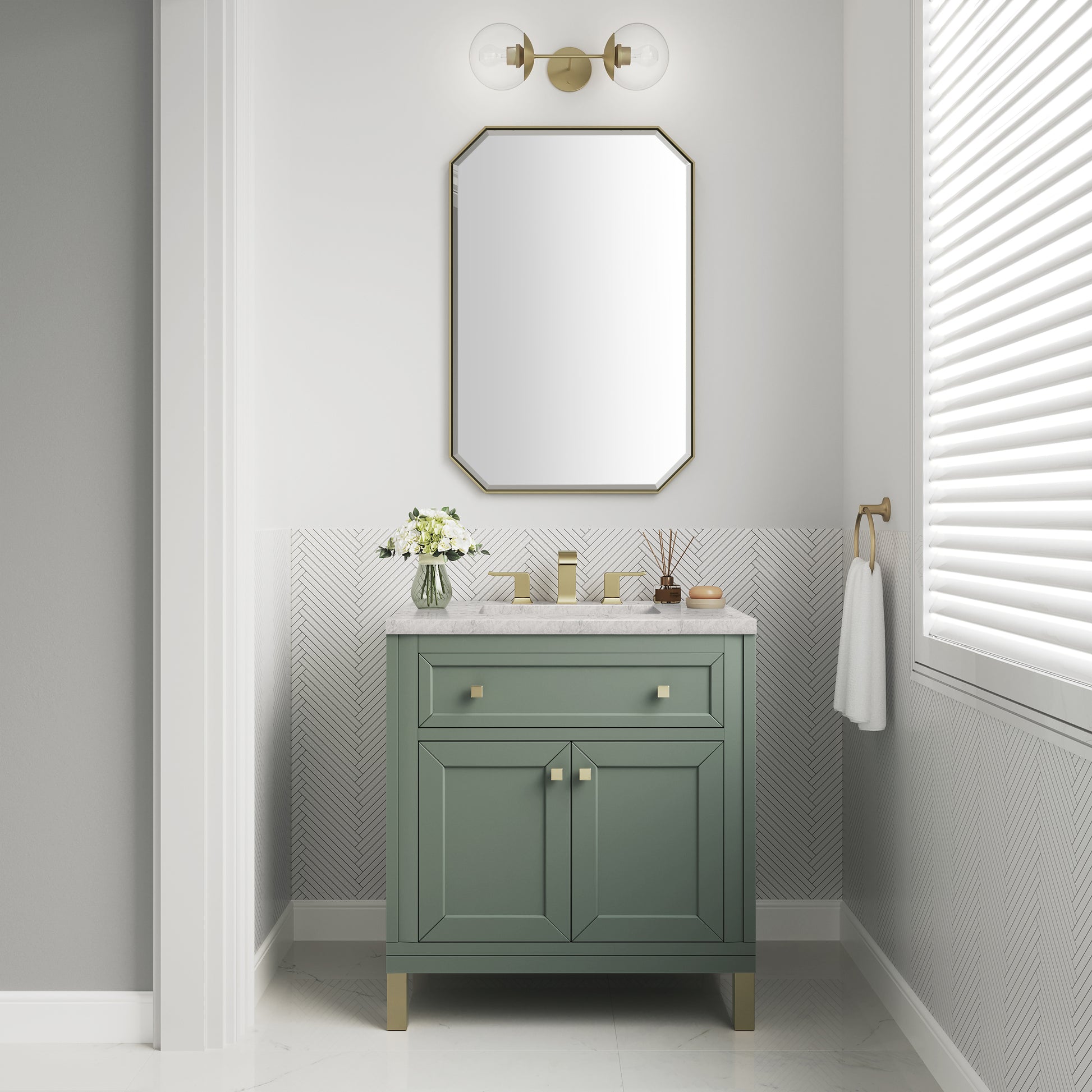 Renovate for Less Atlanta Chicago 30" Single Vanity, Smokey Celadon, w/ 3 CM Eternal Jasmine Pearl Silestone® Top