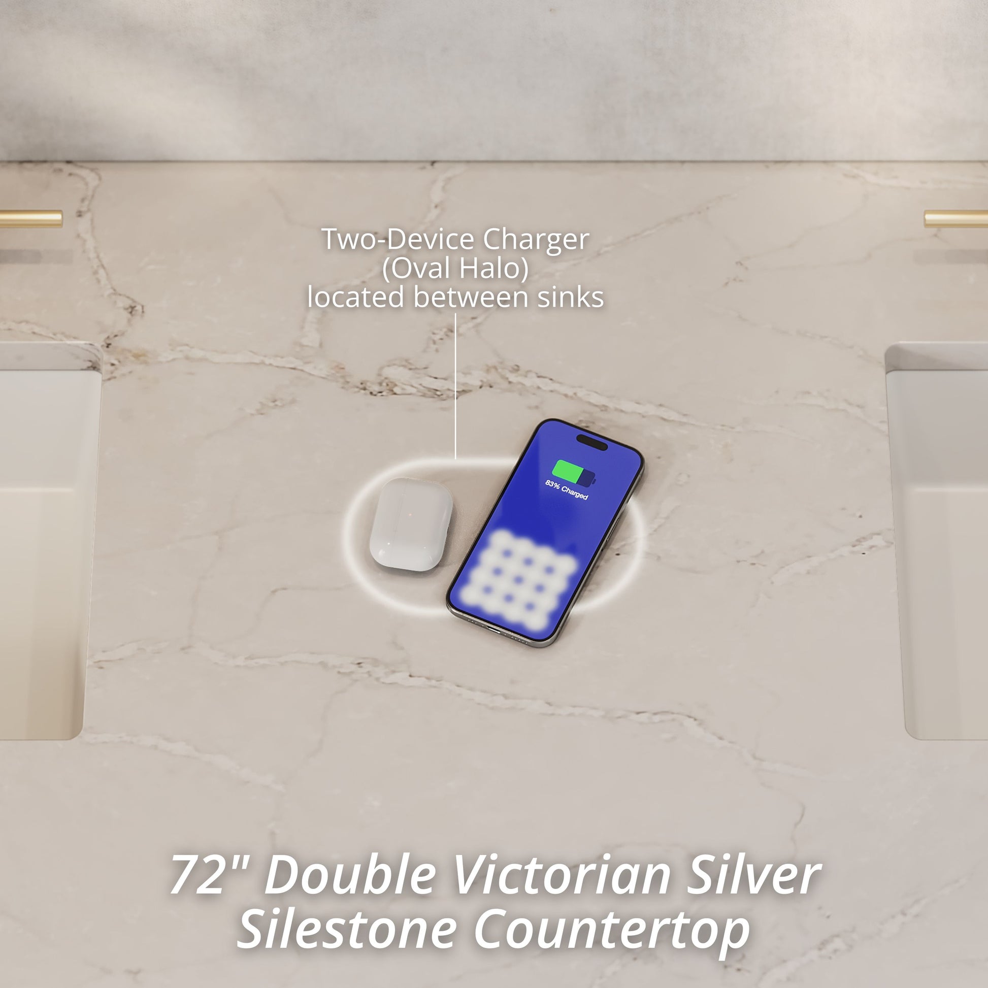 Renovate for Less Atlanta Chicago 72" Double Vanity, Walnut Whisper, w/ 3 CM Victorian Silver Silestone Top w/ FreePower Wireless Charger