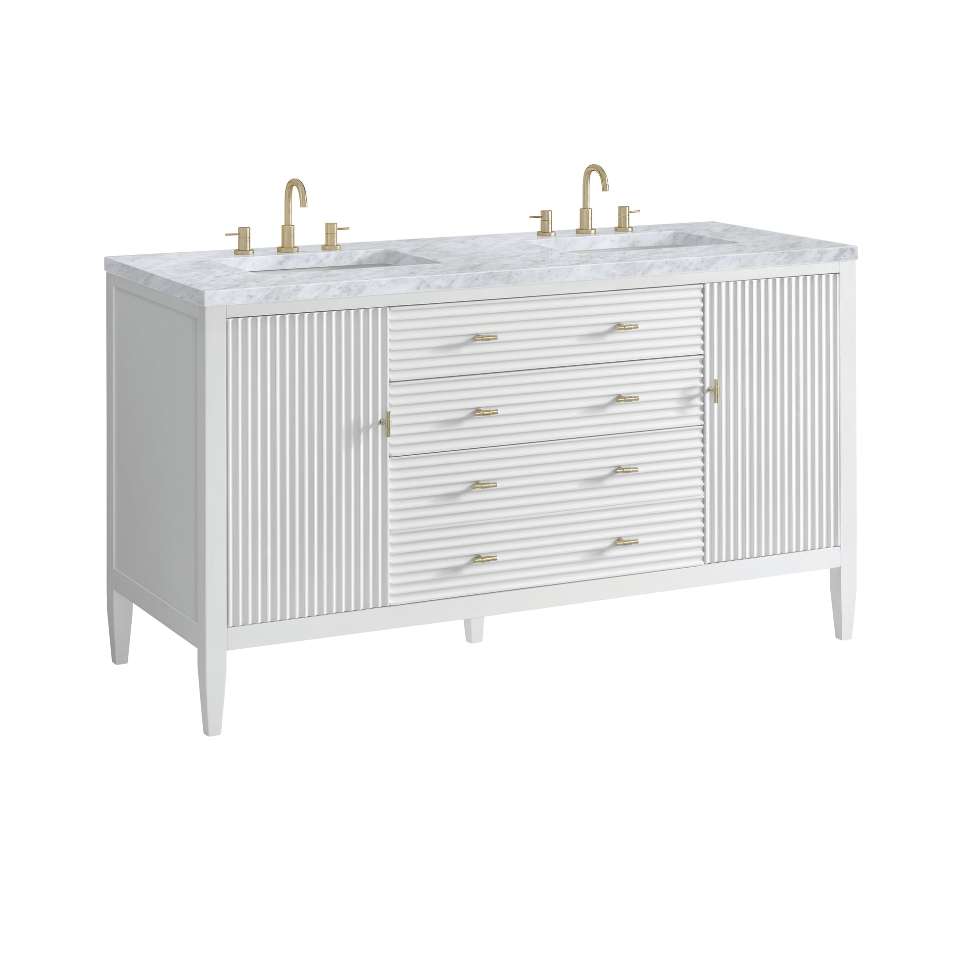 Renovate for Less Atlanta Myrrin 60" Double Vanity, Bright White w/ 3 CM Carrara White Marble Top