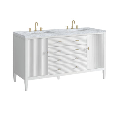 Renovate for Less Atlanta Myrrin 60" Double Vanity, Bright White w/ 3 CM Carrara White Marble Top
