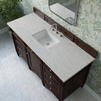 Brittany 60" Single Vanity, Burnished Mahogany w/ 3 CM Eternal Jasmine Pearl Silestone Top
