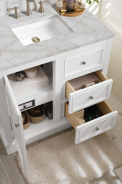 Renovate for Less Atlanta De Soto 36" Single Vanity, Bright White w/ 3 CM Victorian Silver Silestone Top