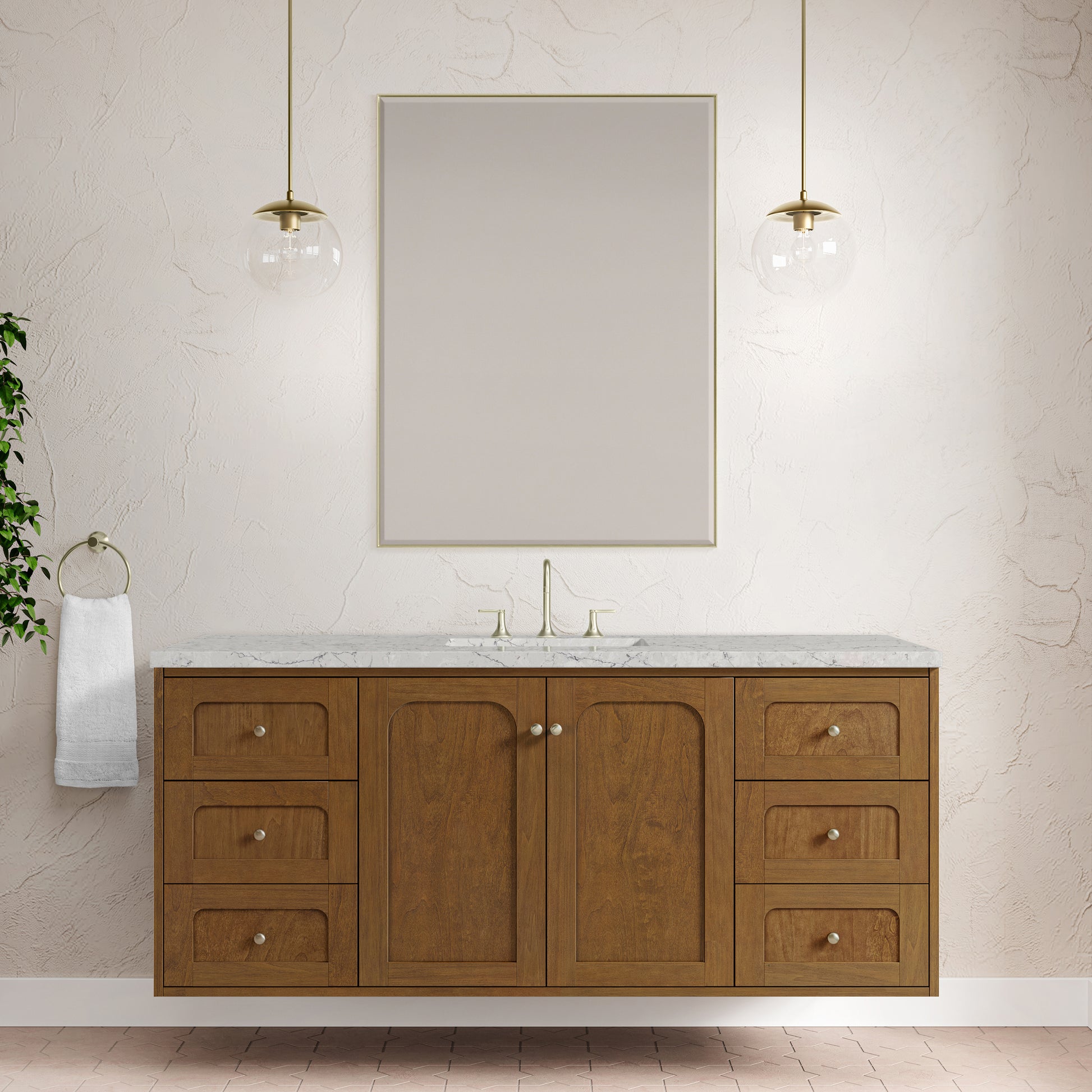 Renovate for Less Atlanta Laurent 60" Single Vanity, Honey Oak w/ 3 CM Eternal Jasmine Pearl Silestone Top