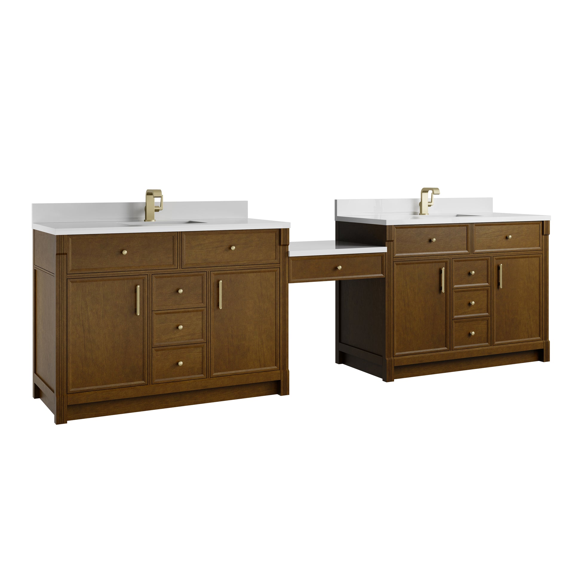 Renovate for Less Atlanta Bellshire 120" Dual Vanity Set with 24" Make-Up Counter, Honey Oak w/Single Hole 3 cm White Zeus Silestone Top & Backsplash