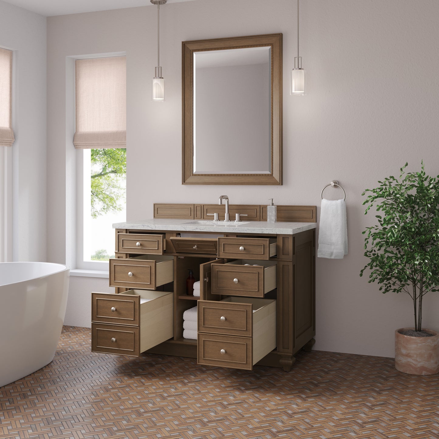 Renovate for Less Atlanta Bristol 48" Single Vanity, Saddle Brown w/ 3 CM Eternal Jasmine Pearl Silestone Top