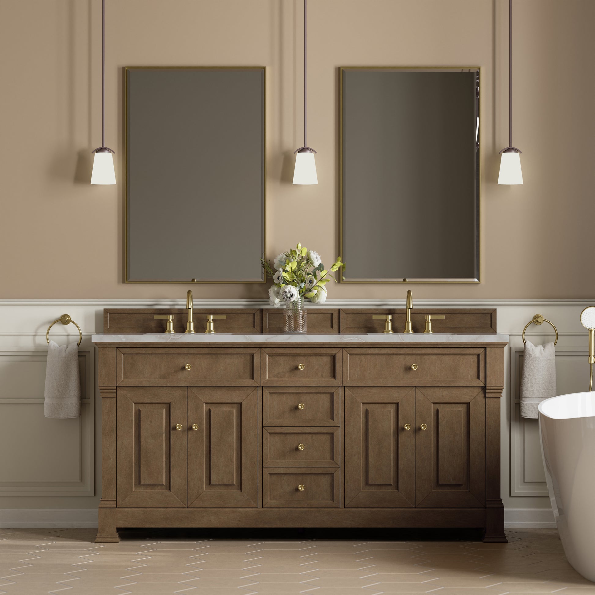 Renovate for Less Atlanta Brookfield 72" Double Vanity, Pecan w/ 3 CM Victorian Silver  Silestone Top w/ FreePower Wireless Charger