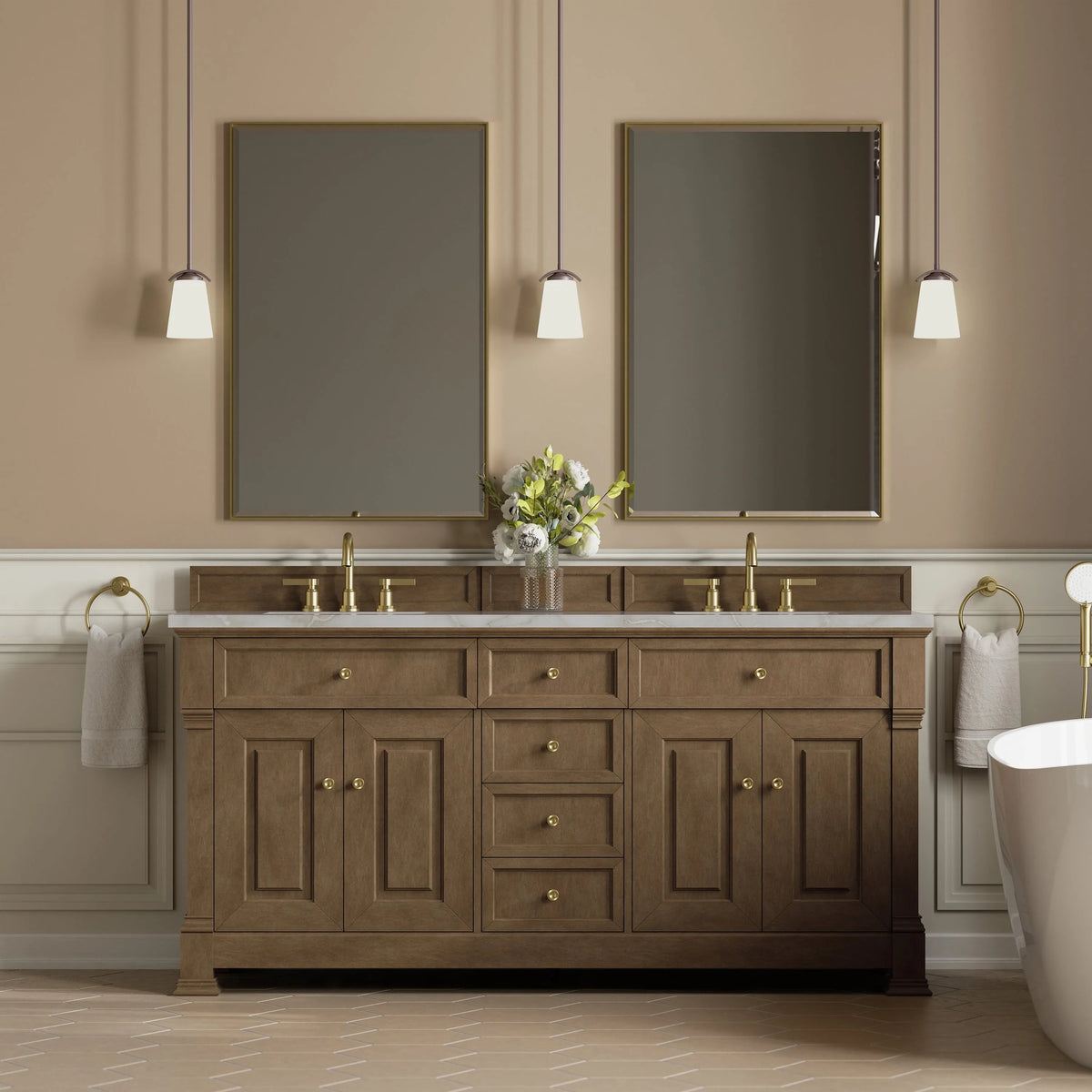 Brookfield 72" Double Vanity, Pecan w/ 3 CM Victorian Silver  Silestone Top w/ FreePower Wireless Charger