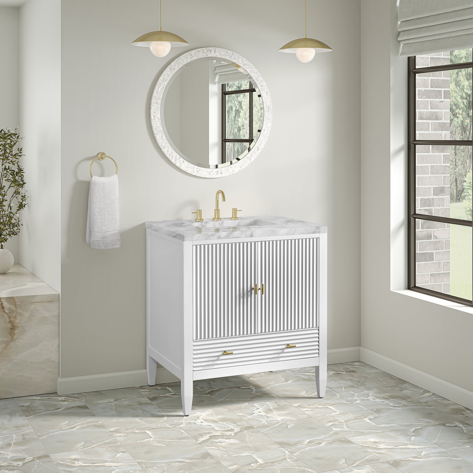 Renovate for Less Atlanta Myrrin 30" Single Vanity, Bright White w/ 3 CM Carrara Marble Top