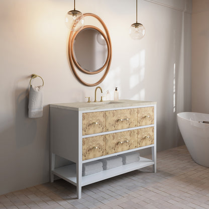 Renovate for Less Atlanta Olena 48" Single Vanity, Light Mappa Burl and Polished White, w/ 3 CM Tajnar Eclos Top w/FreePower Wireless Charger
