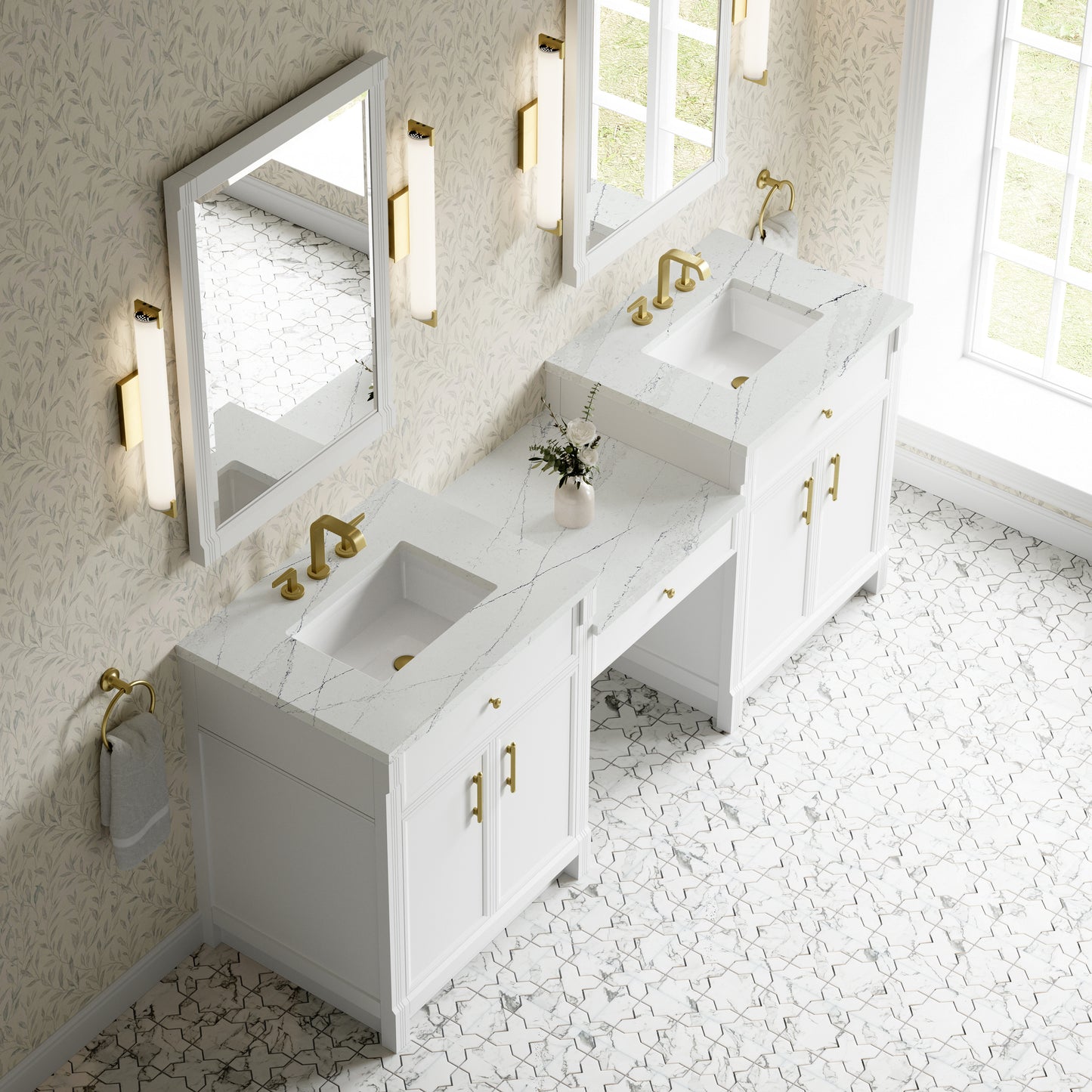 Renovate for Less Atlanta Bellshire 84" Dual Vanity Set with 24" Make-Up Counter, Bright White w/3 cm Ethereal Noctis Silestone Top