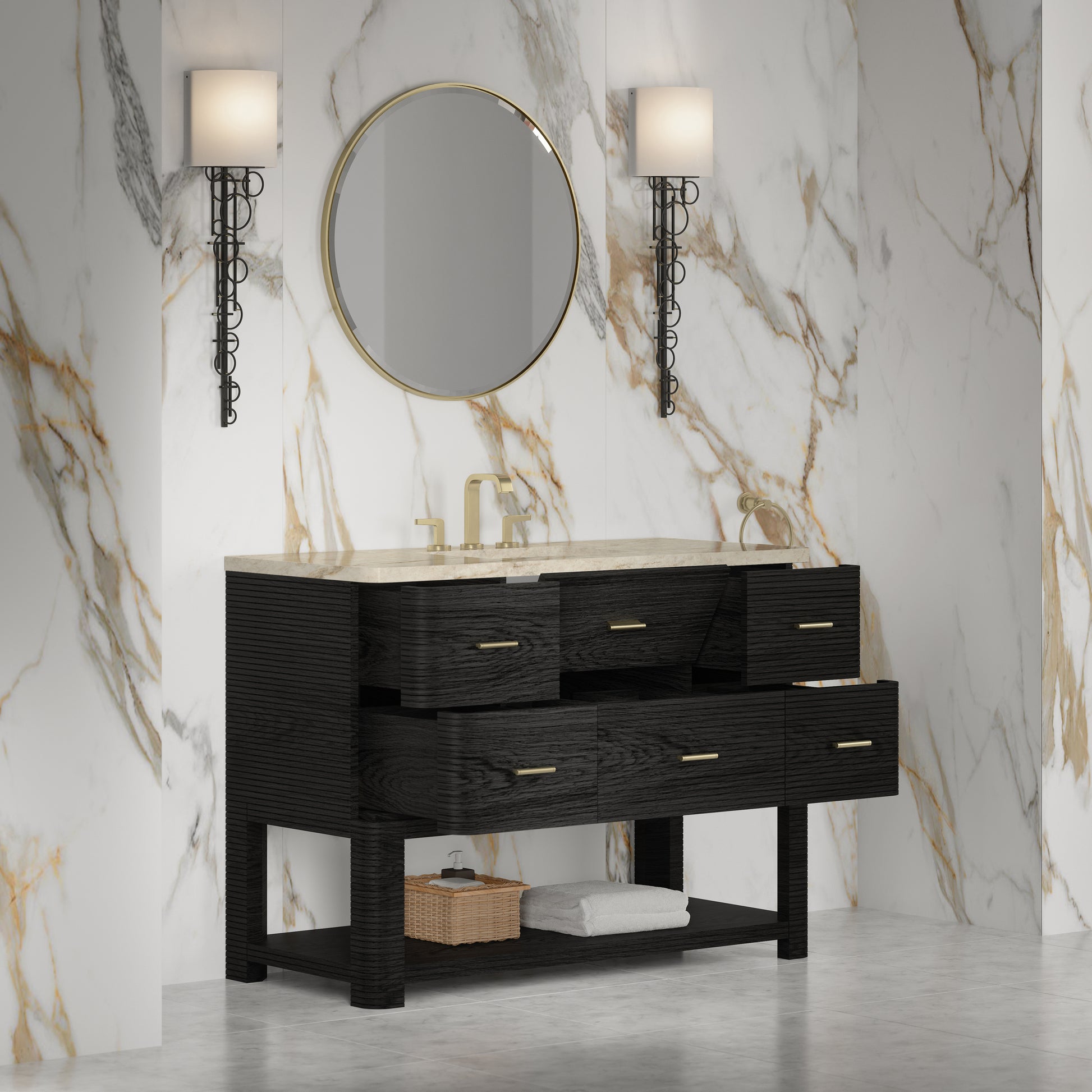 Renovate for Less Atlanta Lucian 48" Single Vanity, Carbon Oak, w/ 3 CM Tajnar Eclos Widespread Top