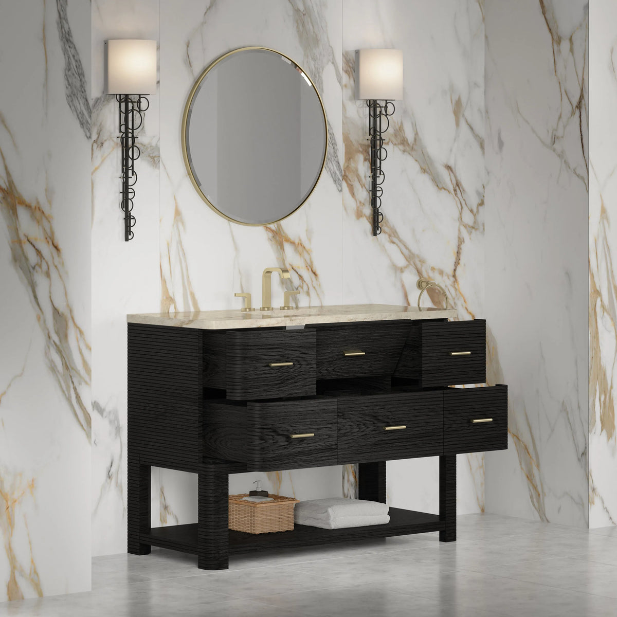 Lucian 48" Single Vanity, Carbon Oak, w/ 3 CM Tajnar Eclos Top w/FreePower Wireless Charger