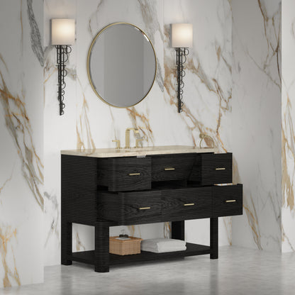 Renovate for Less Atlanta Lucian 48" Single Vanity, Carbon Oak, w/ 3 CM Tajnar Eclos Top w/FreePower Wireless Charger