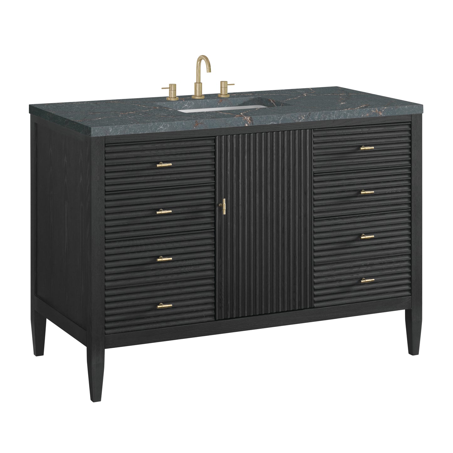 Renovate for Less Atlanta Myrrin 48" Single Vanity, Carbon Oak w/ 3 CM Parisien Bleu Silestone Top w/FreePower Wireless Charger