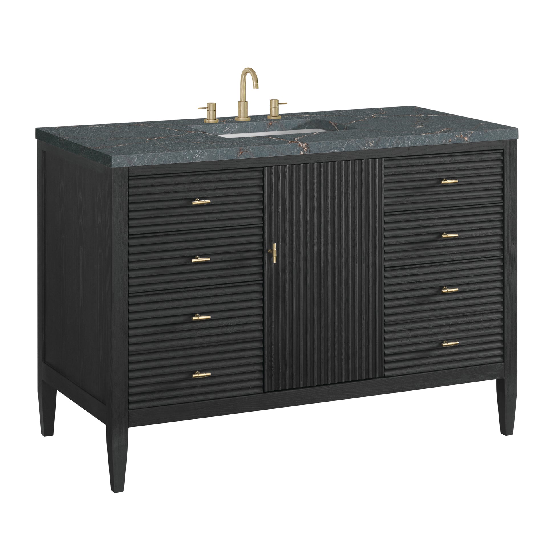 Renovate for Less Atlanta Myrrin 48" Single Vanity, Carbon Oak w/ 3 CM Parisien Bleu Silestone Top w/FreePower Wireless Charger