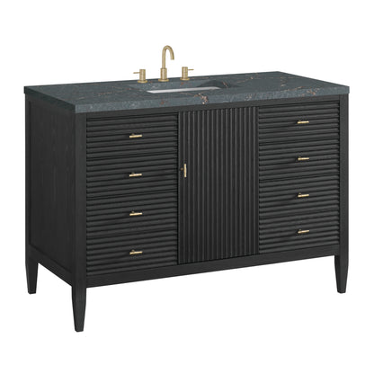 Renovate for Less Atlanta Myrrin 48" Single Vanity, Carbon Oak w/ 3 CM Parisien Bleu Silestone Top w/FreePower Wireless Charger